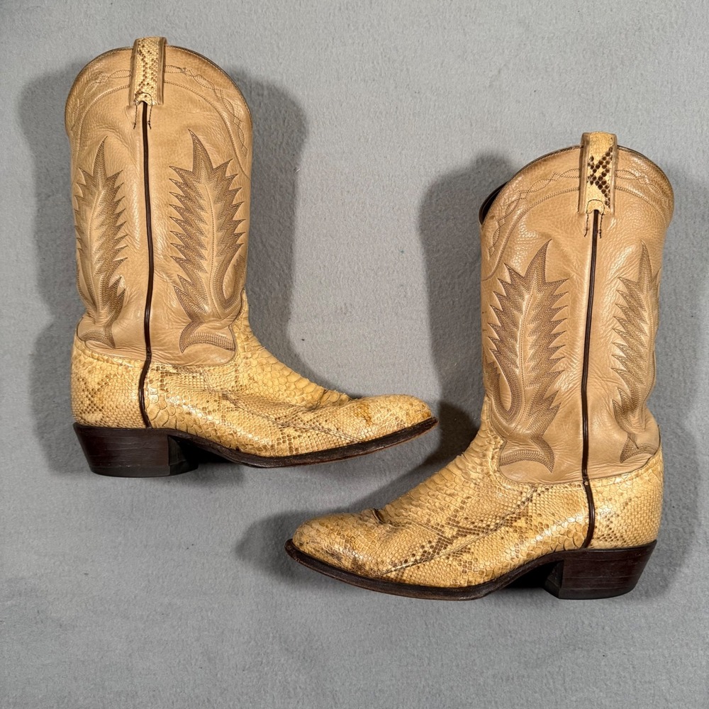 Tony Lama Mens Vintage Snakeskin Western Cowboy Boots Tan Leather 10D
